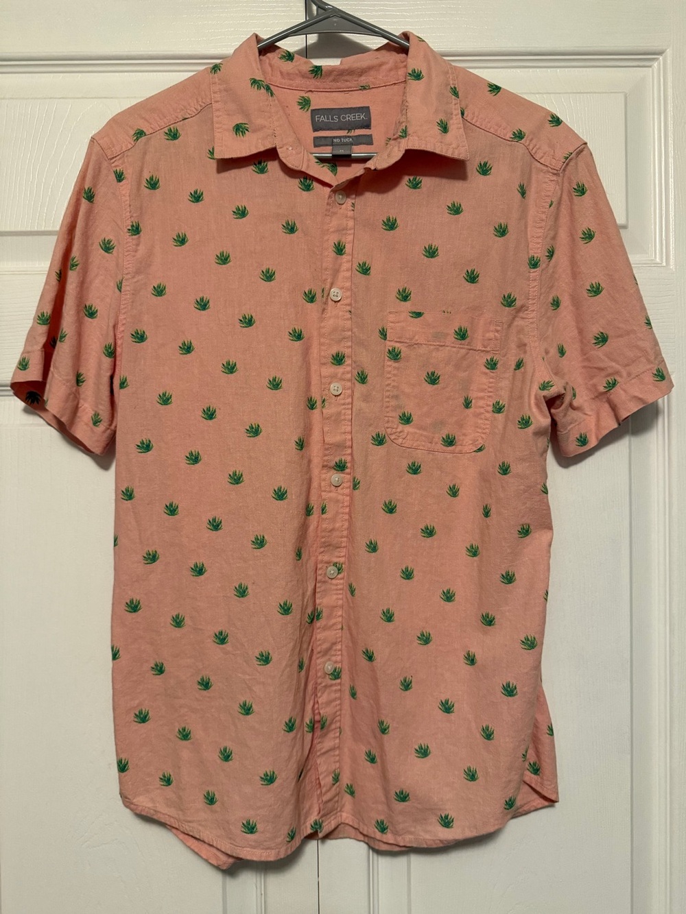 Falls Creek Men's Coral Button-Down Shirt with Green Plant Print